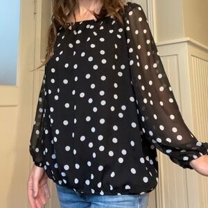 Vintage black polka dot sheer lined XL office blouse, Clues Collections